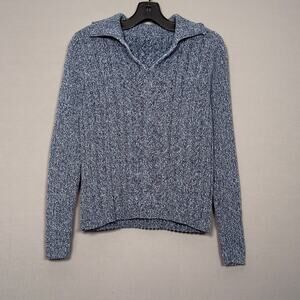 VINTAGE Navy Marbled Knit Polo V Neck Sweater w/ Collar Size M Medium